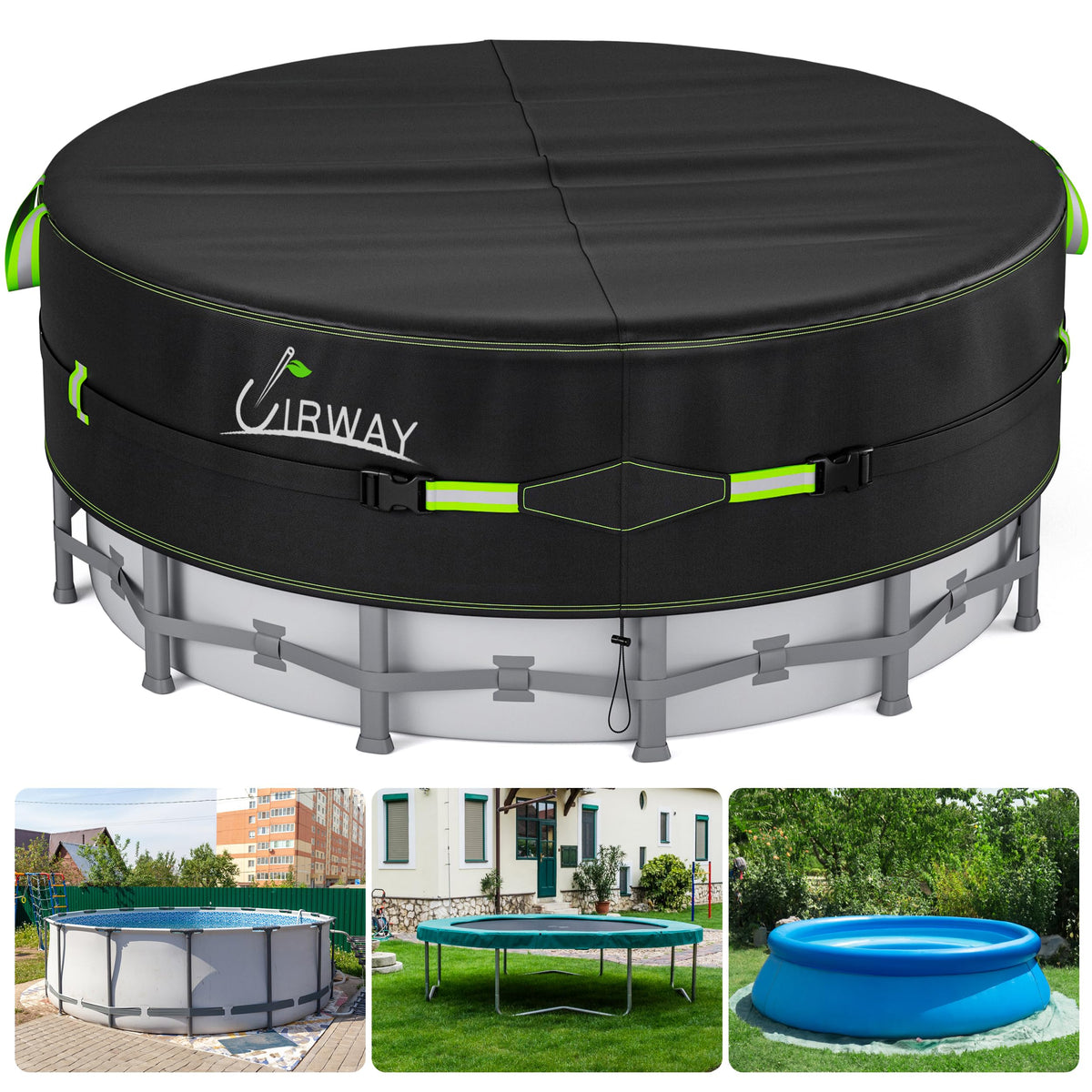 UIRWAY 14ft round pool cover with reflective strips improves night visibility.