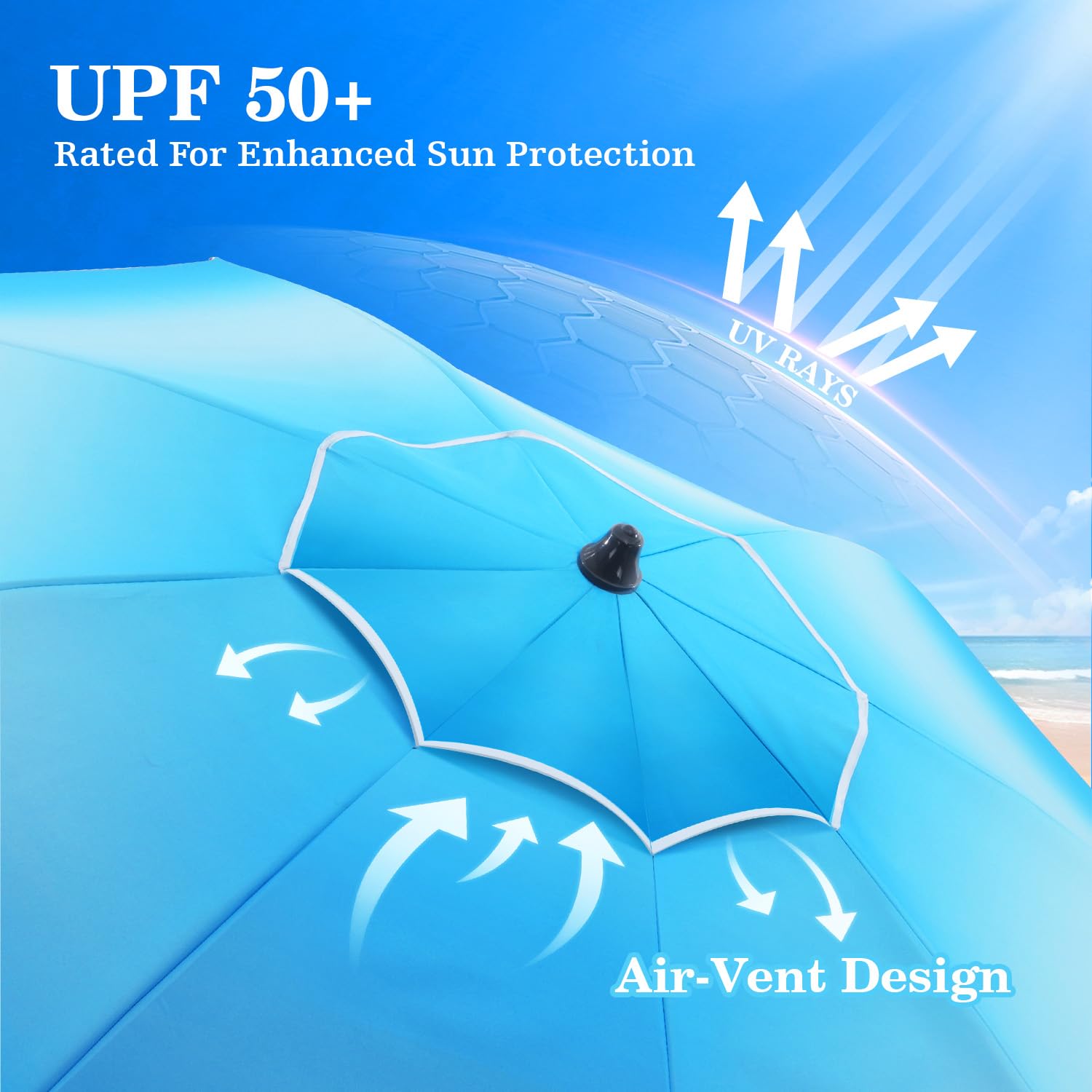 UIRWAY 8.5ft beach umbrella tilt mechanism allows sun-tracking shade as the day progresses.