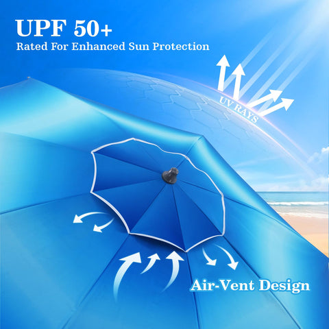 UIRWAY sand-anchor base keeps the umbrella steady in breezy shore conditions.