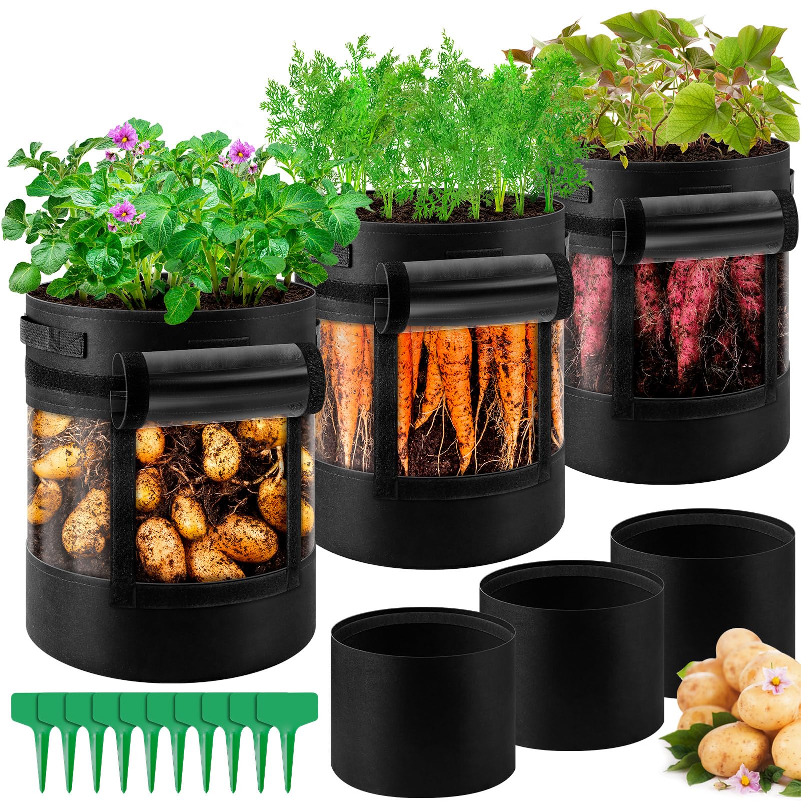 UJG 3-pack potato grow bags with 360-degree visibility for easy root observation.