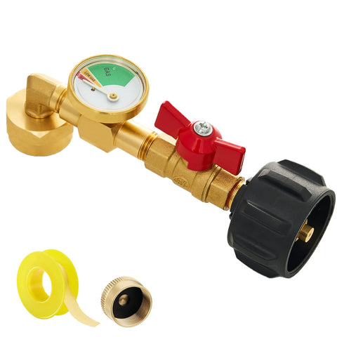 UJW propane refill adapter with valve and gauge for precise transfers.