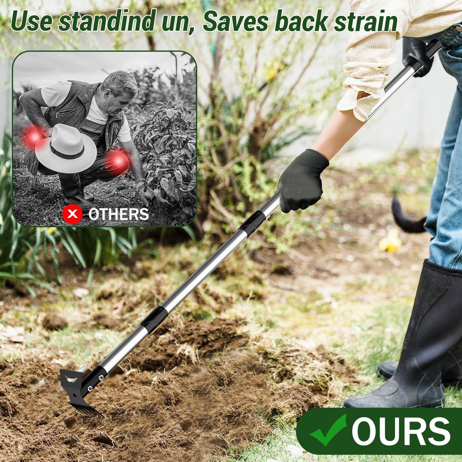 2-in-1 design tackles weeds and soil leveling in yards and flower beds.