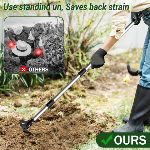 2-in-1 design tackles weeds and soil leveling in yards and flower beds.