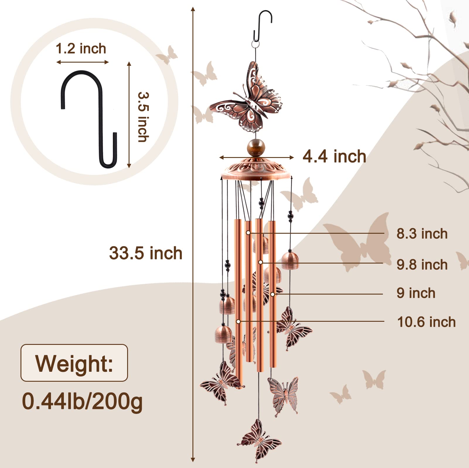 Ukulork wind chimes for outdoor patio and garden décor with butterfly motifs.
