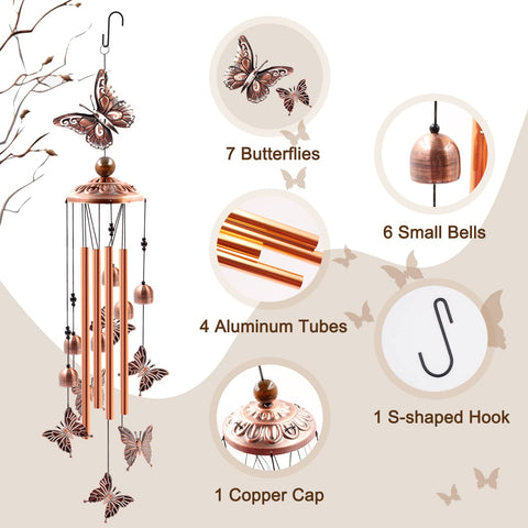 Ukulork butterfly wind chime showcases rose-gold tubes for elegant garden decoration.