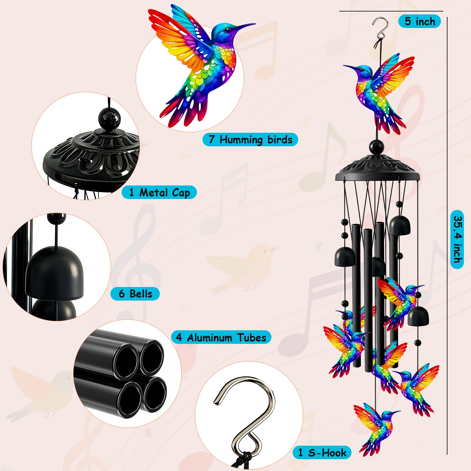 Ukulork windchimes with hummingbird ensemble add garden visual charm.