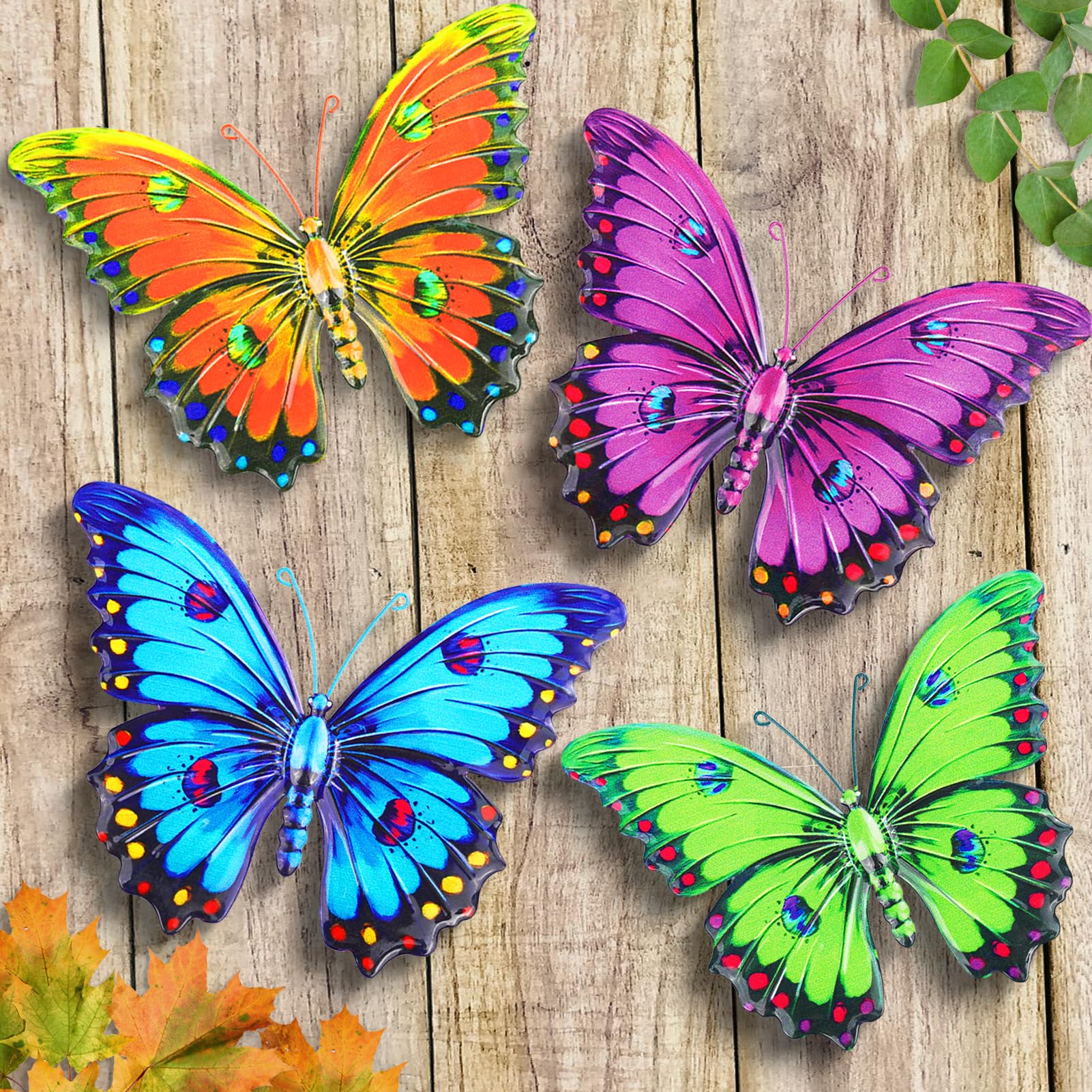 ULENDIS metal butterfly wall decor four-pack adds vibrant color to garden fences.