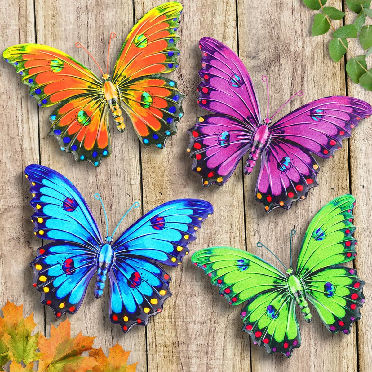 ULENDIS metal butterfly wall decor four-pack adds vibrant color to garden fences.