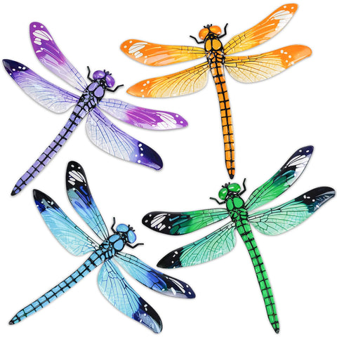 ULENDIS four-pack dragonfly wall art on fence with bold outdoor colors