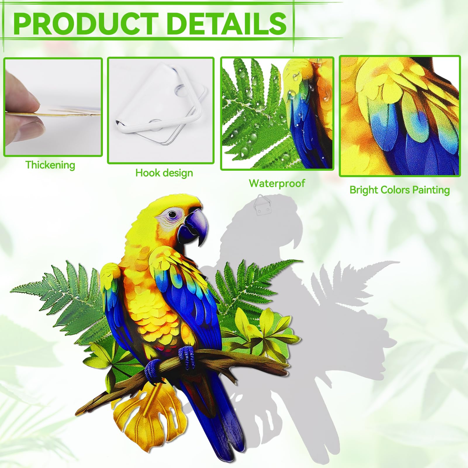 ULENDIS outdoor metal parrot decor withstands weather thanks to UV coating.
