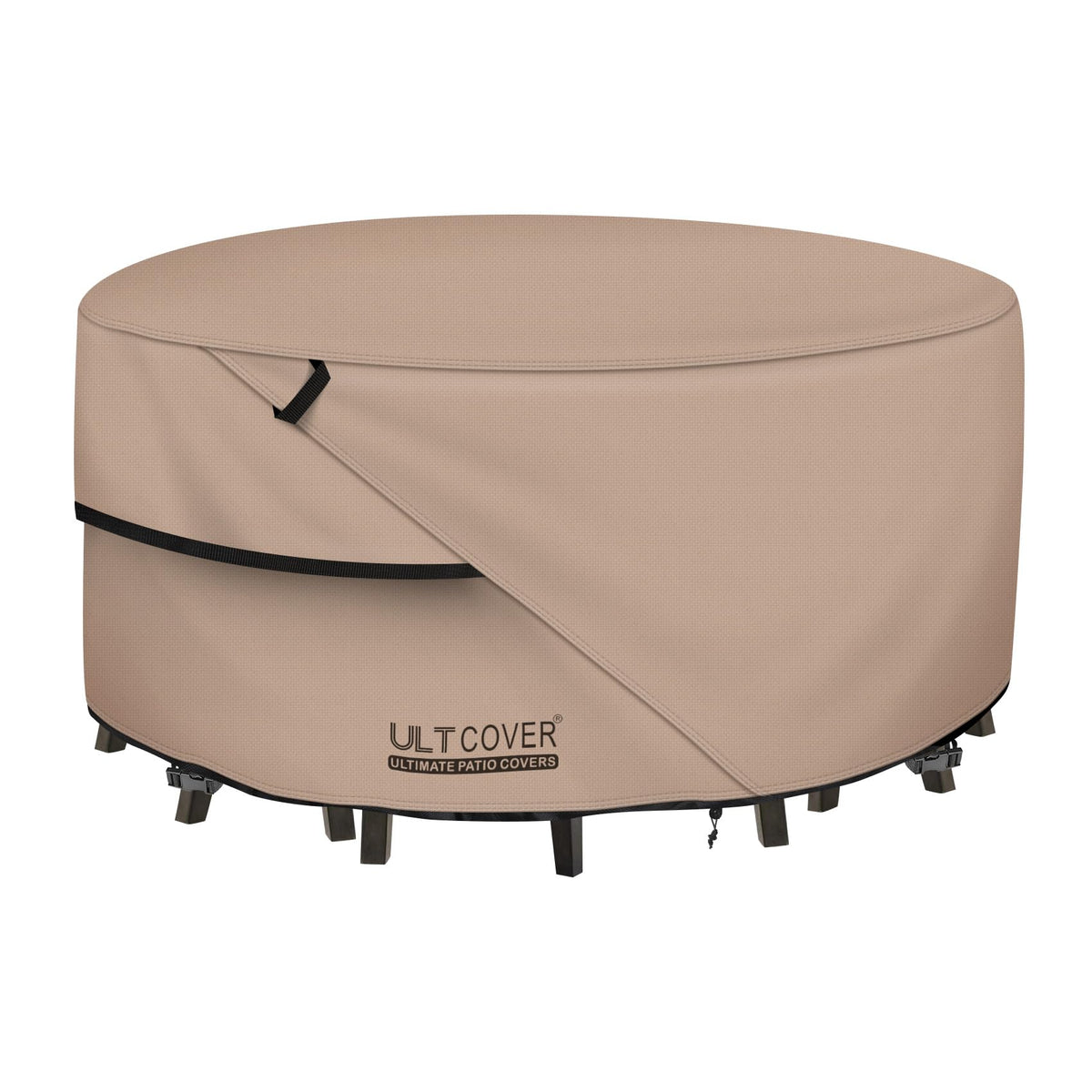 ULTCOVER 48in round table cover shielding a patio set from rain and sun