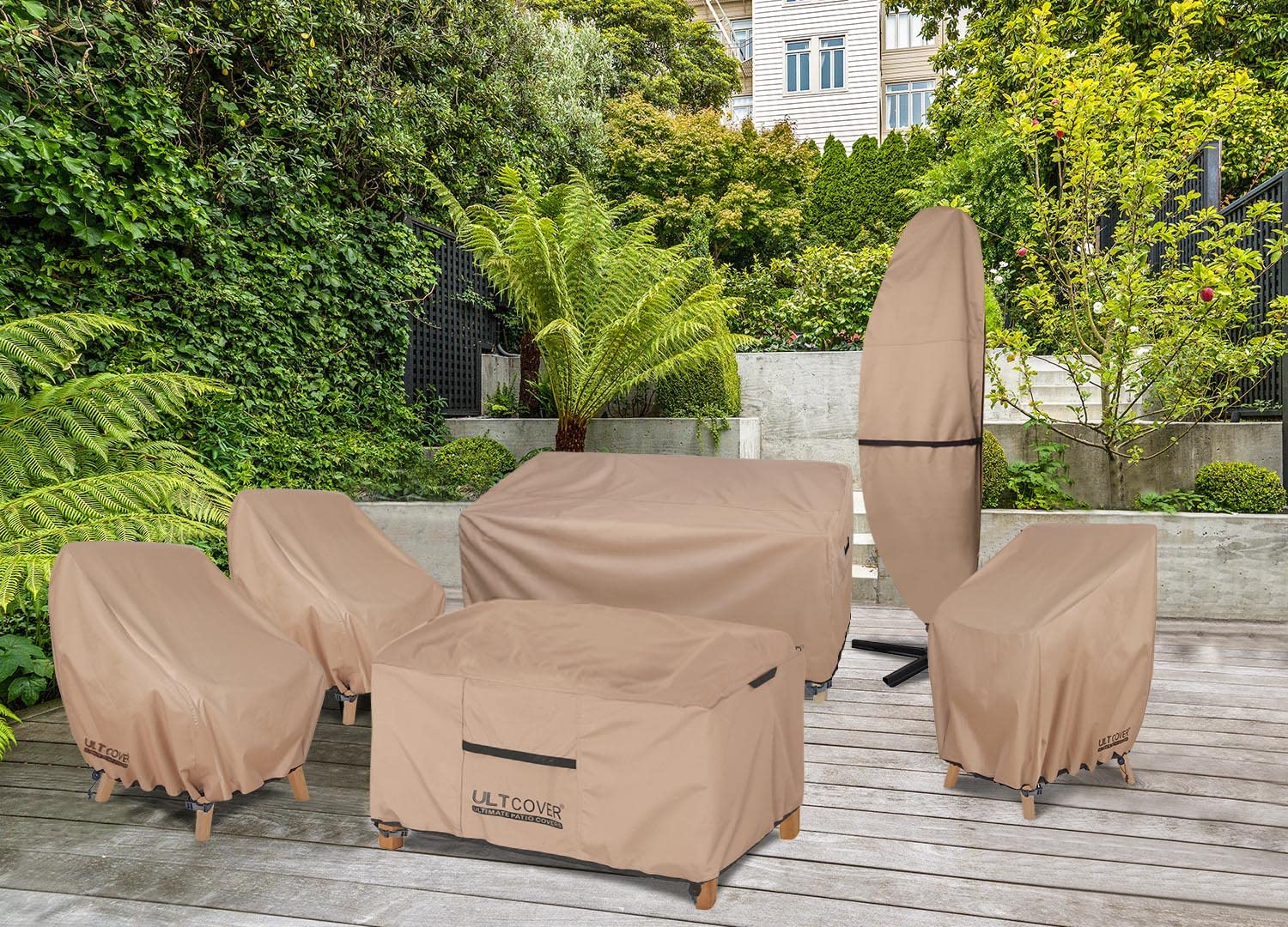 ULTCOVER brown outdoor chair cover blends with patio aesthetics.