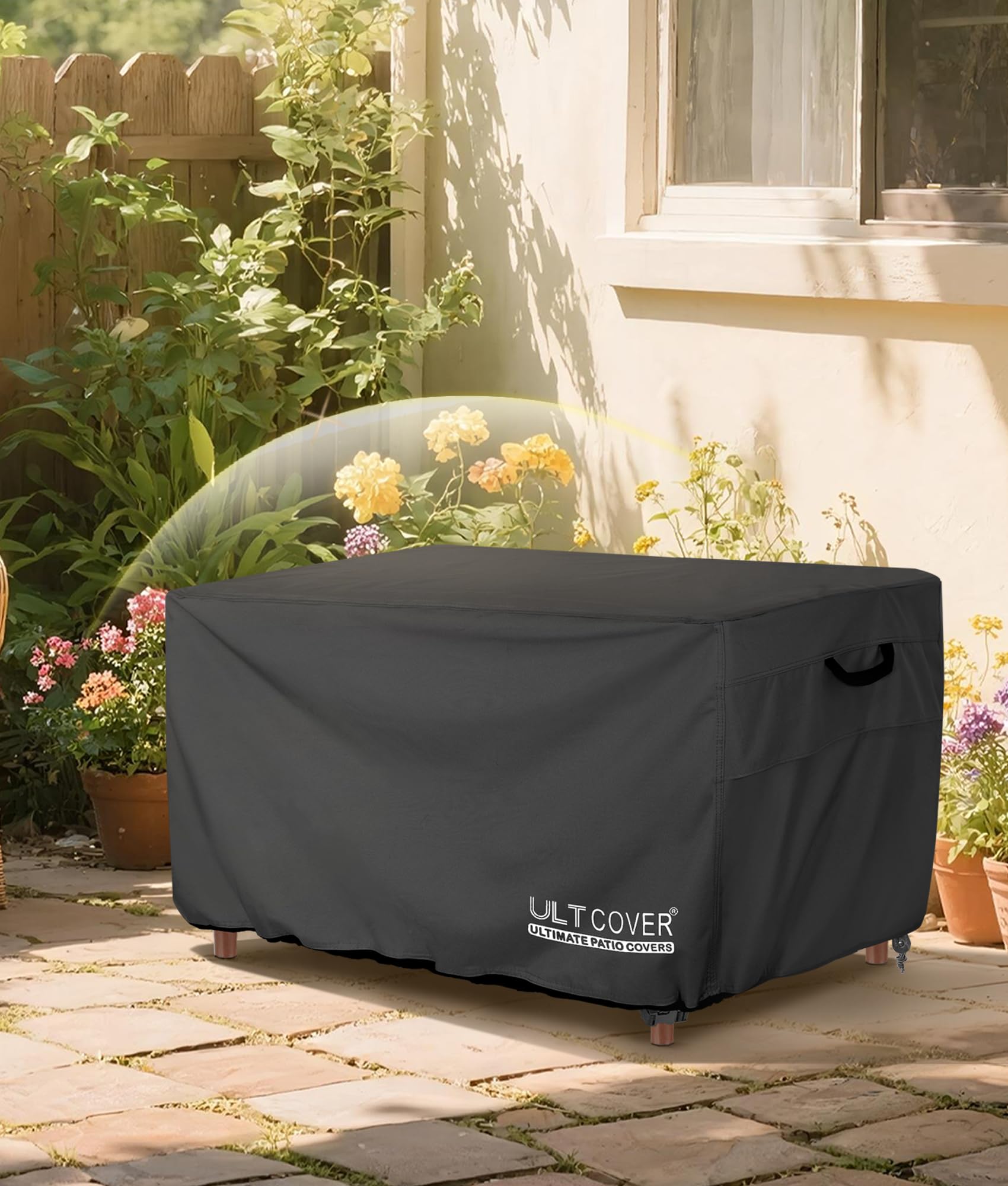 ULTCOVER black fire pit cover shown on patio for all-season protection