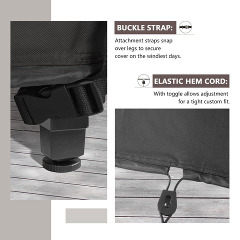 ULTCOVER draw cords and clips secure the cover to table legs during wind.
