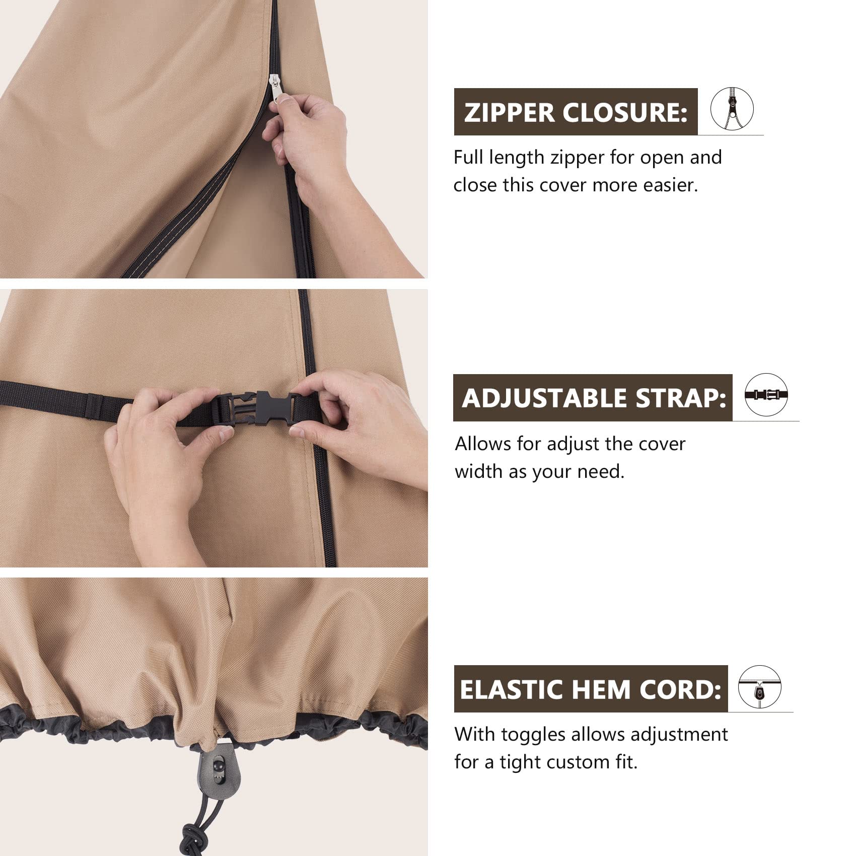 ULTCOVER elastic hem cord with toggle ensures a snug fit during storms.