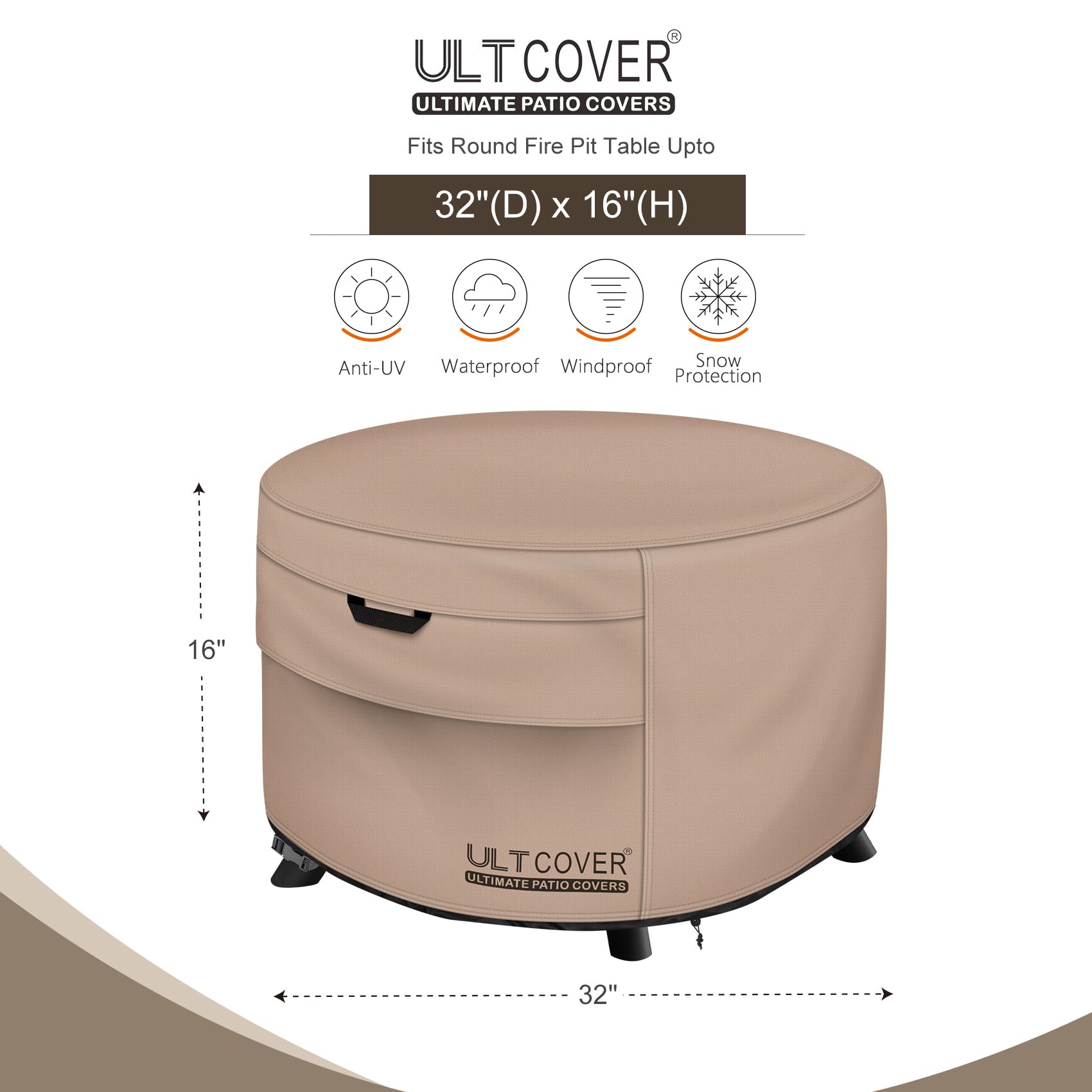 ULTCOVER fire pit cover close-up stitching highlights durability against weather.