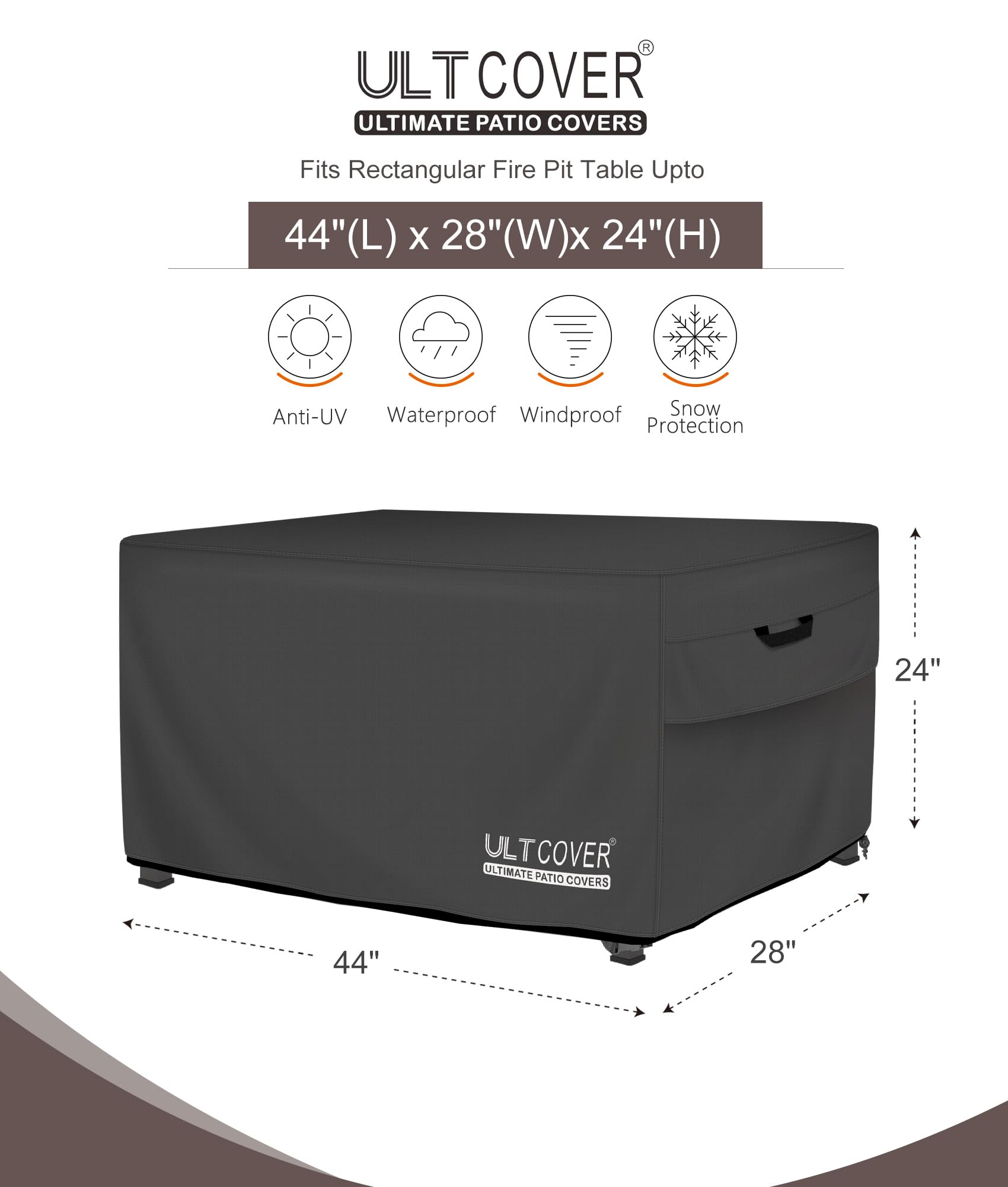 ULTCOVER waterproof backing shields fire pit table from snow and moisture