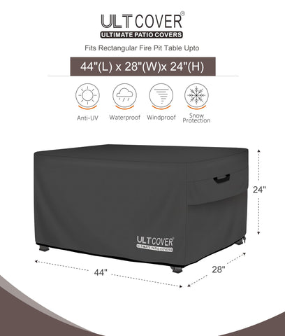 ULTCOVER waterproof backing shields fire pit table from snow and moisture