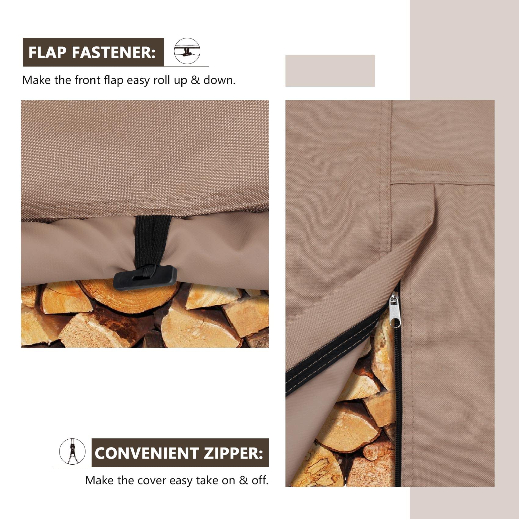 ULTCOVER heavy-duty firewood rack cover with buckle strap for secure fit.