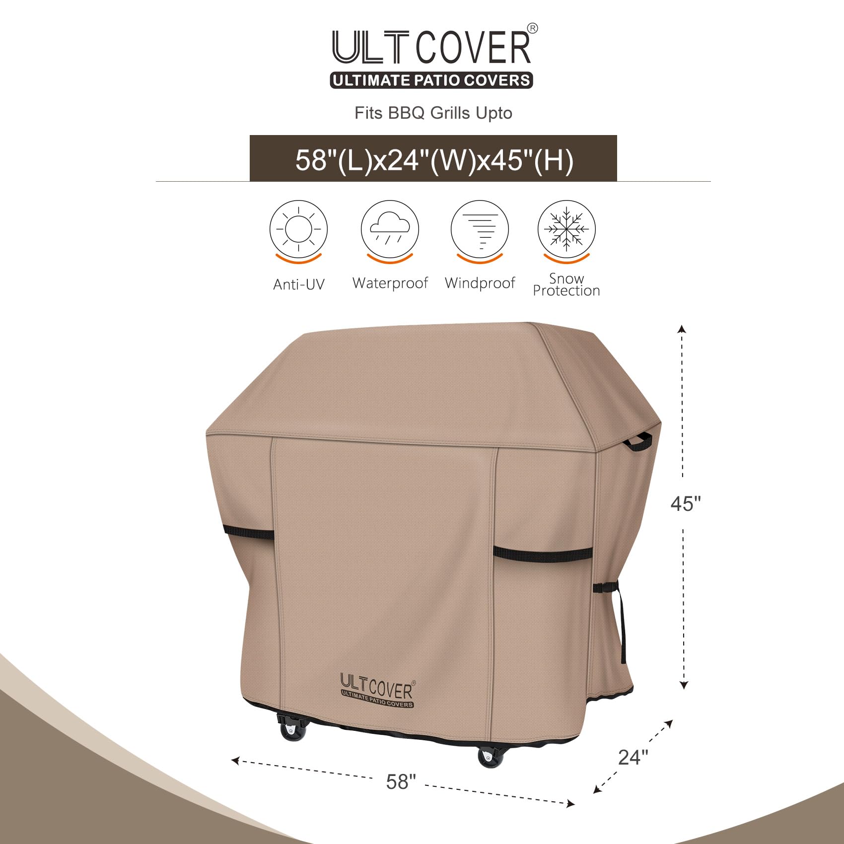 ULTCOVER heavy-duty BBQ cover guards 3-5 burner grills against wind and weather.