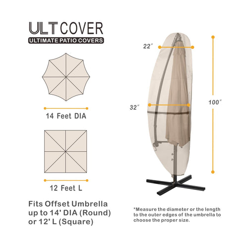 ULTCOVER offset banana umbrella cover fits up to 14 feet and protects against wind.