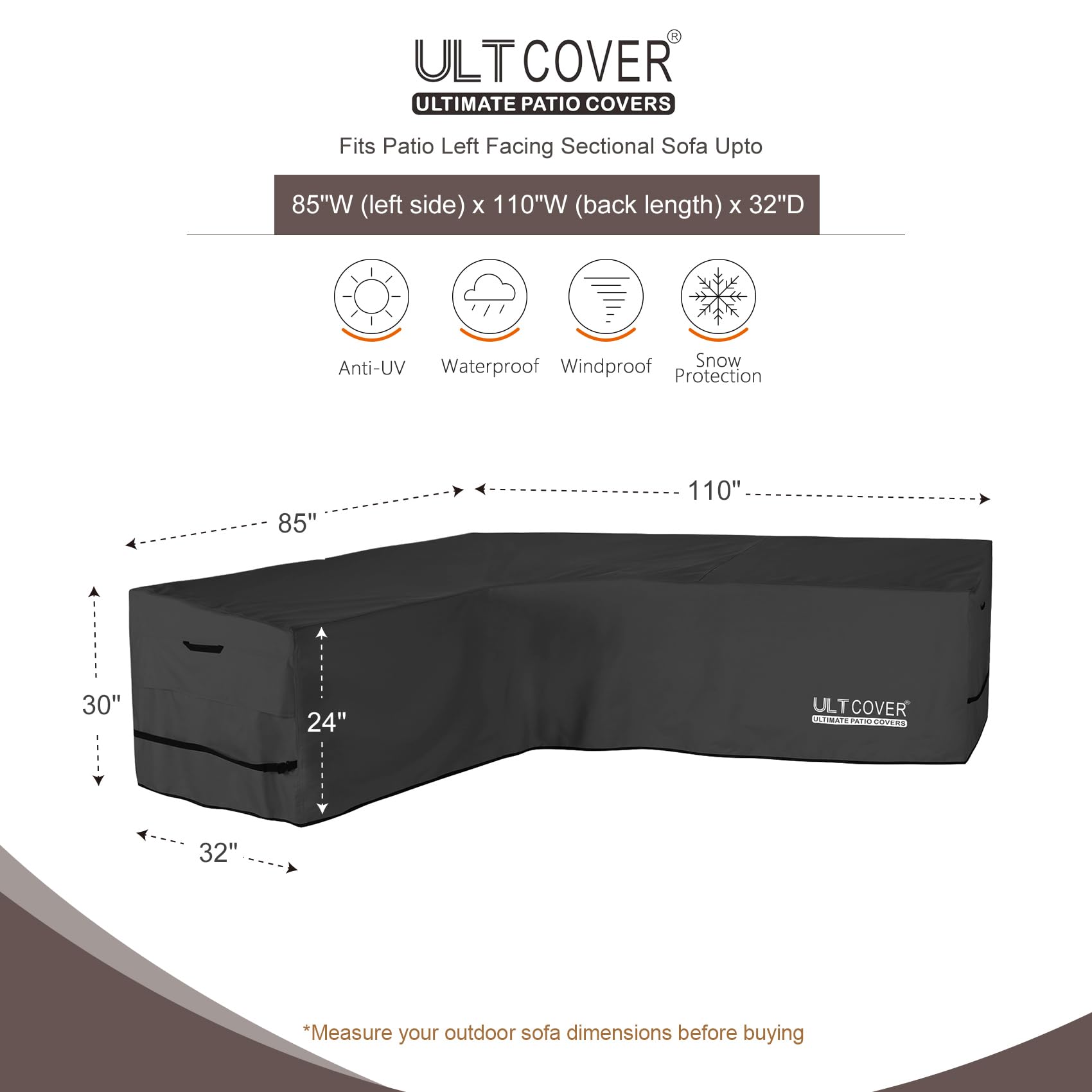 ULTCOVER patio L-shaped left-facing sofa cover, back-length view protects the back from weather.
