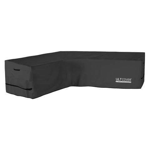 ULTCOVER patio L-shaped left-facing sofa cover, left-side view shows secure fit against rain.