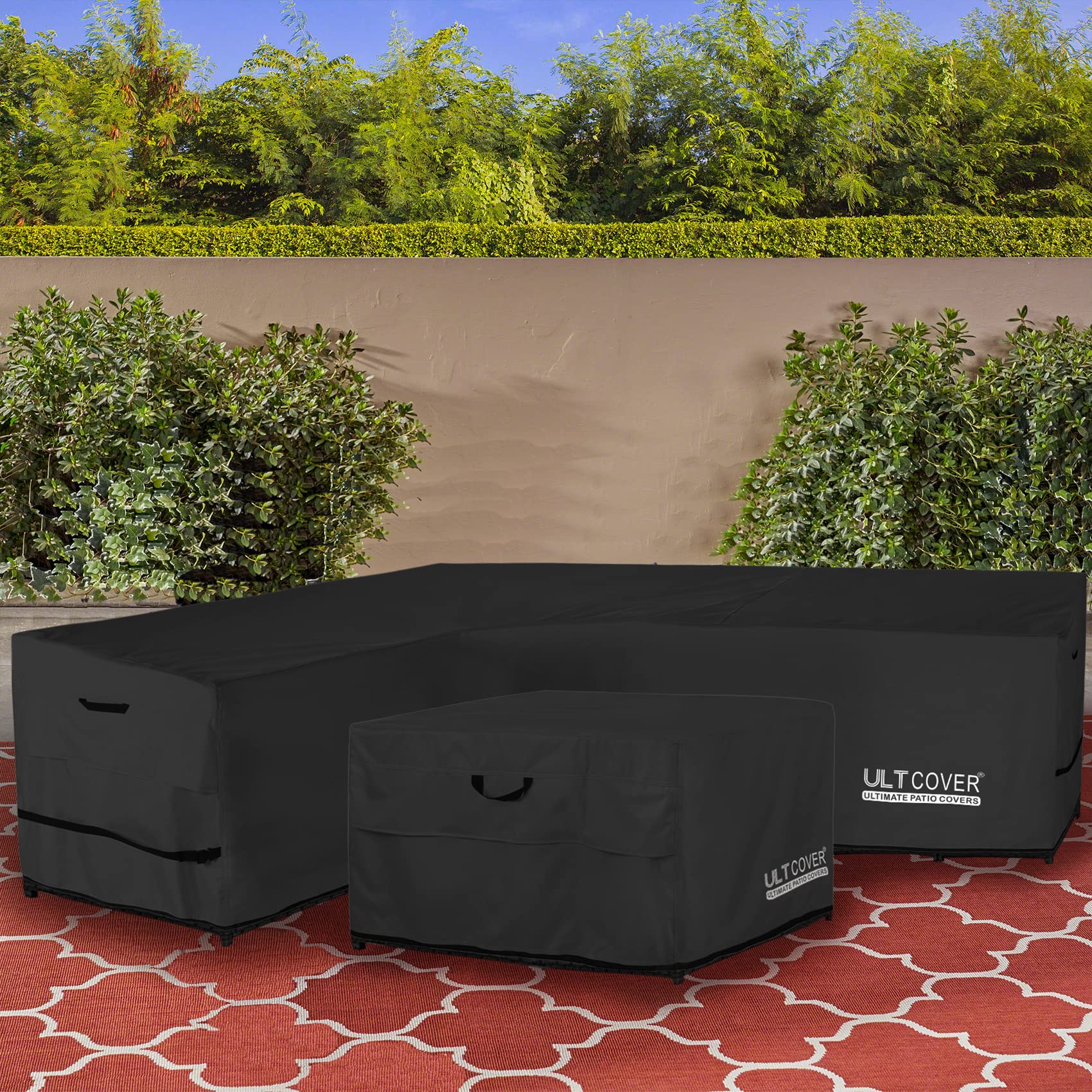 ULTCOVER patio L-shaped left-facing sofa cover provides full-coverage sun and debris protection.