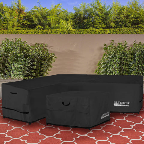 ULTCOVER patio L-shaped left-facing sofa cover provides full-coverage sun and debris protection.