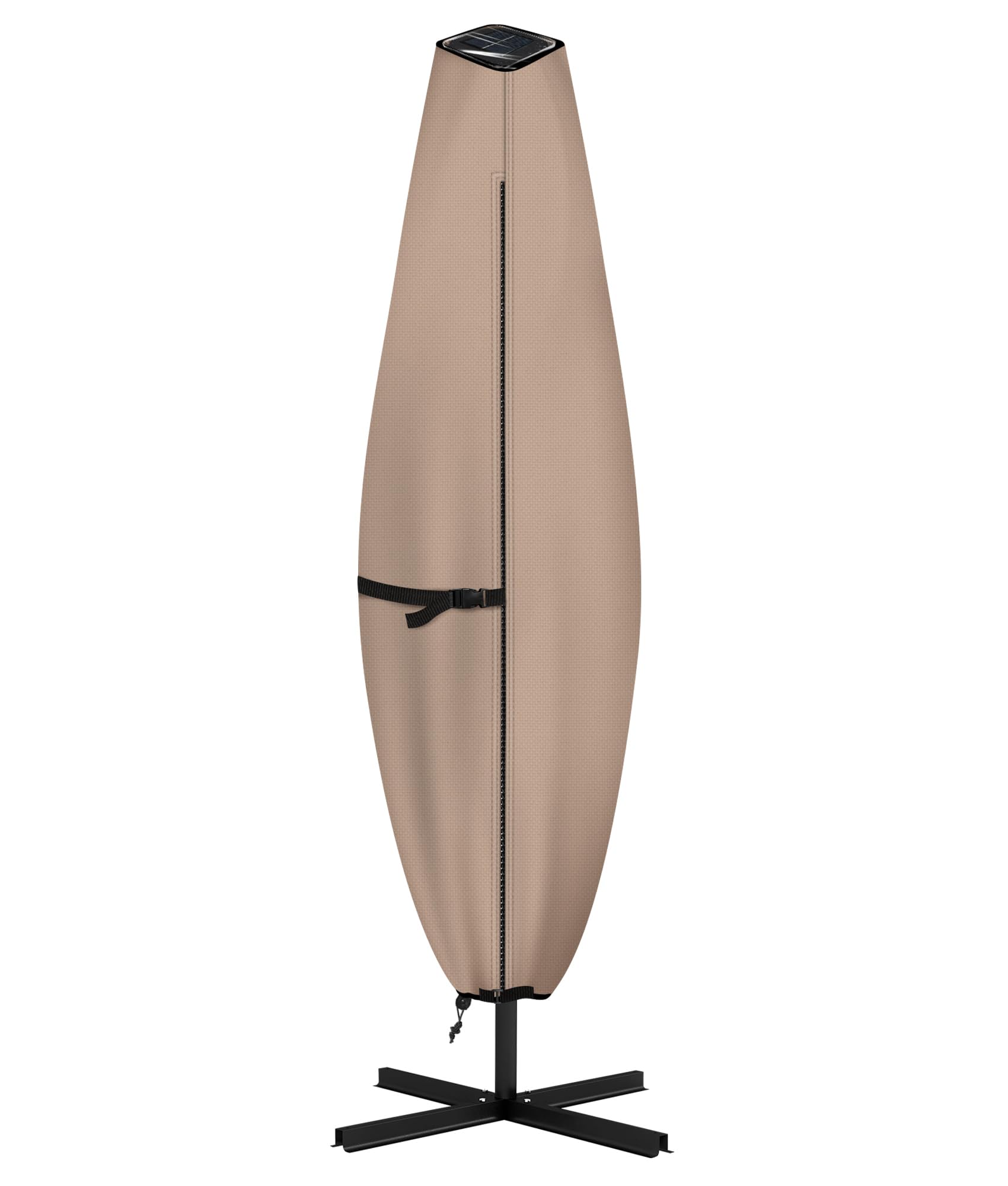 ULTCOVER patio parasol 600D cover with clear top window protecting a solar umbrella from rain and dust.