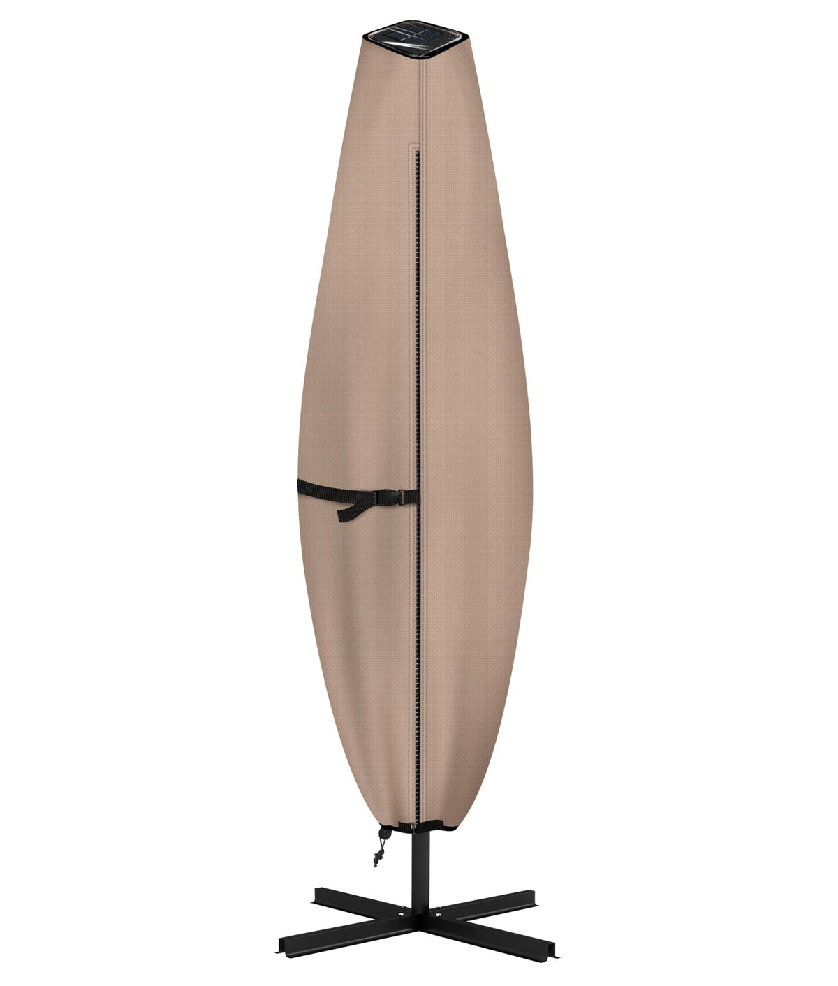 ULTCOVER patio parasol 600D cover with clear top window protecting a solar umbrella from rain and dust.