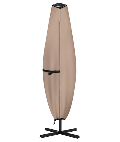 ULTCOVER patio parasol 600D cover with clear top window protecting a solar umbrella from rain and dust.