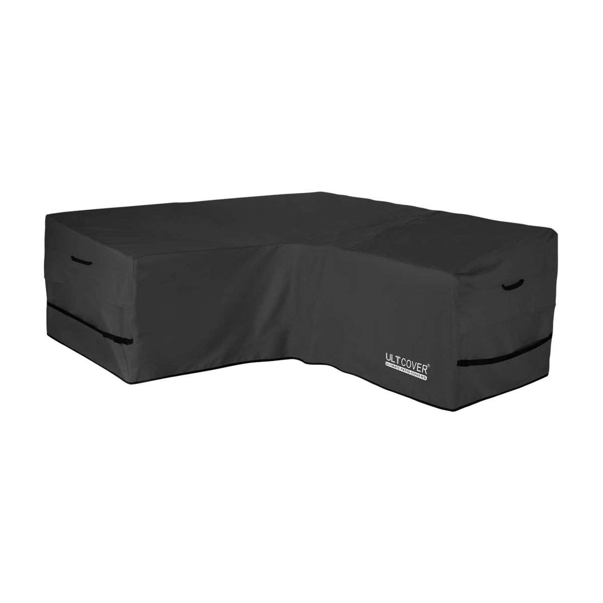 ULTCOVER patio V-shaped sofa cover protecting an 85-inch sectional from weather.