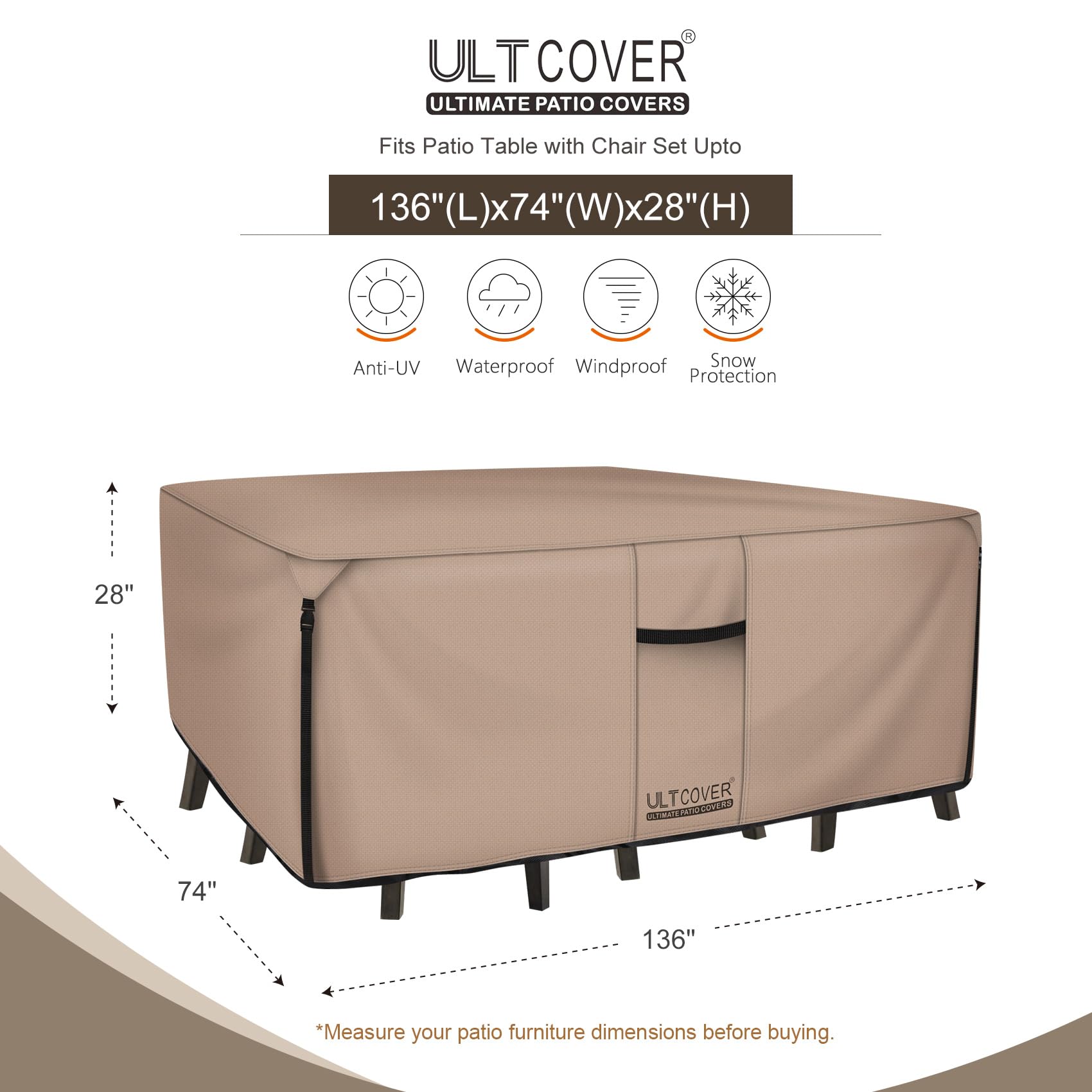 ULTCOVER rectangular table cover side-vent view shows airflow to keep furniture dry.