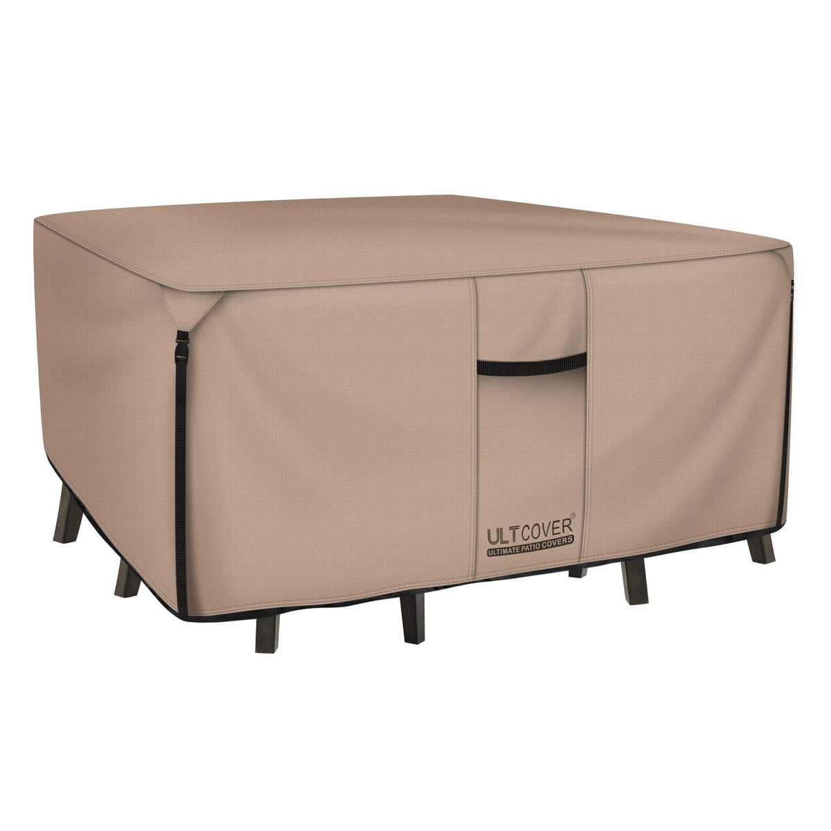 ULTCOVER square patio cover protects a dining set from rain and sun, keeping furniture looking new.
