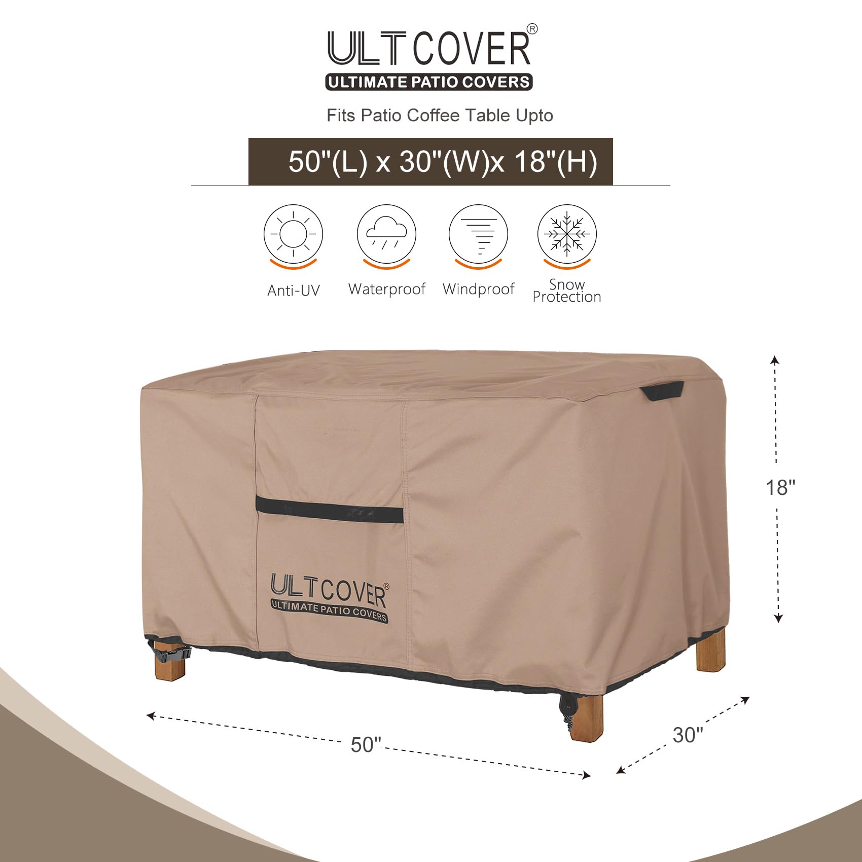 ULTCOVER waterproof 600D polyester coffee table cover guards patio table from snow and dust.