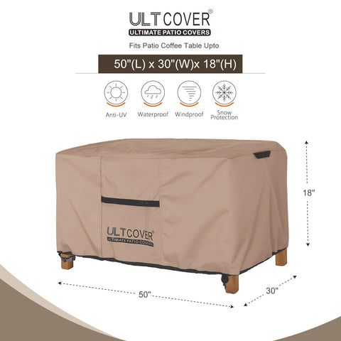 ULTCOVER waterproof 600D polyester coffee table cover guards patio table from snow and dust.