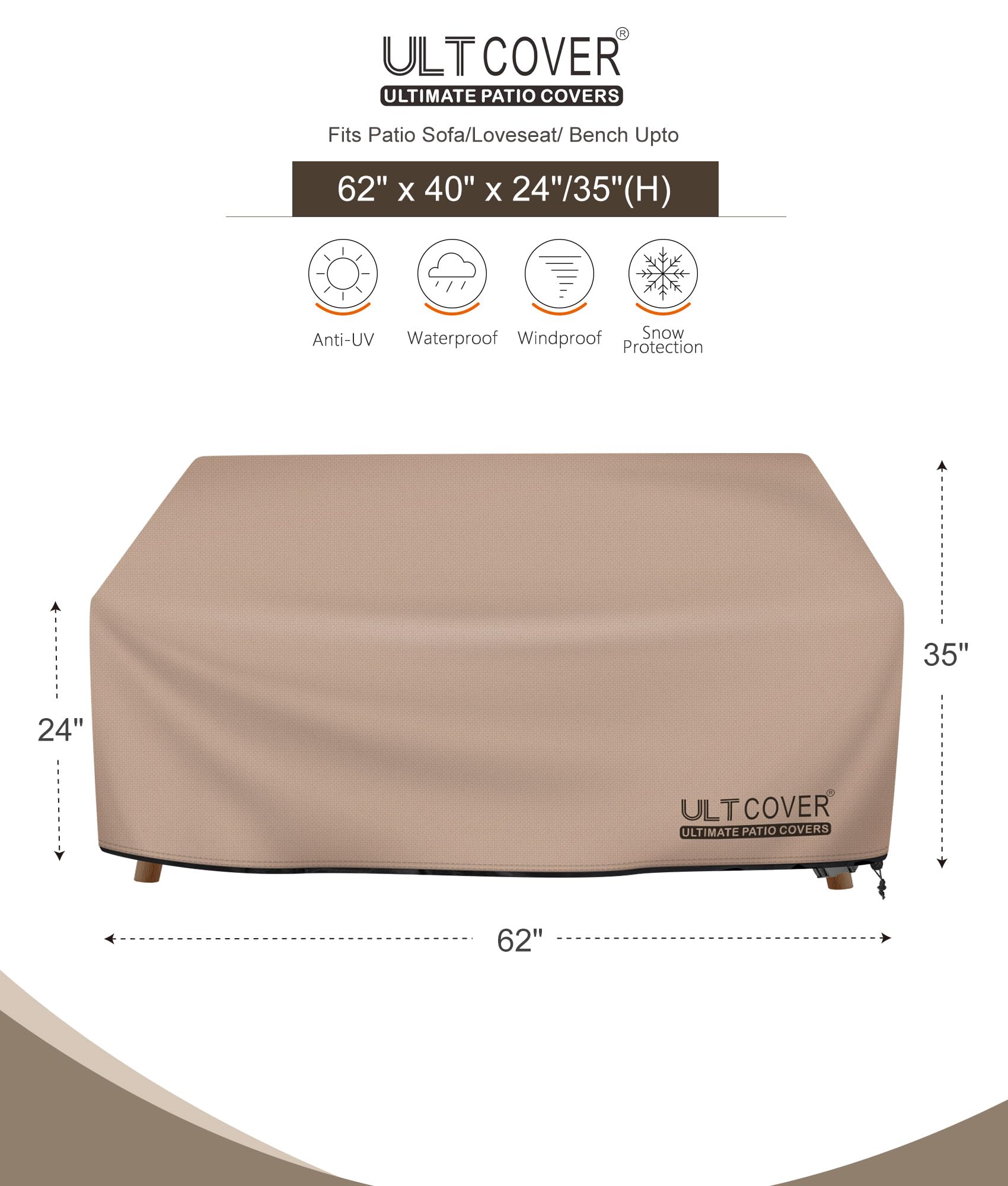 ULTCOVER waterproof 600D polyester fabric shielding outdoor furniture from rain and snow.