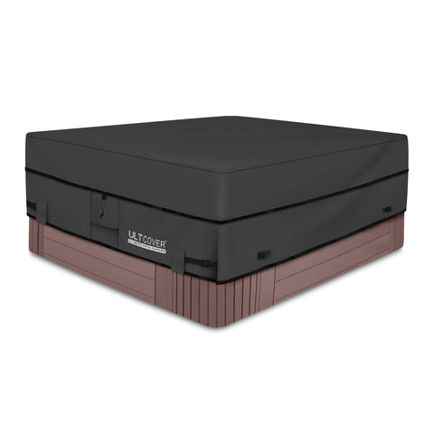 ULTCOVER waterproof 600D square hot tub cover shields an 85x85 spa from rain and debris.