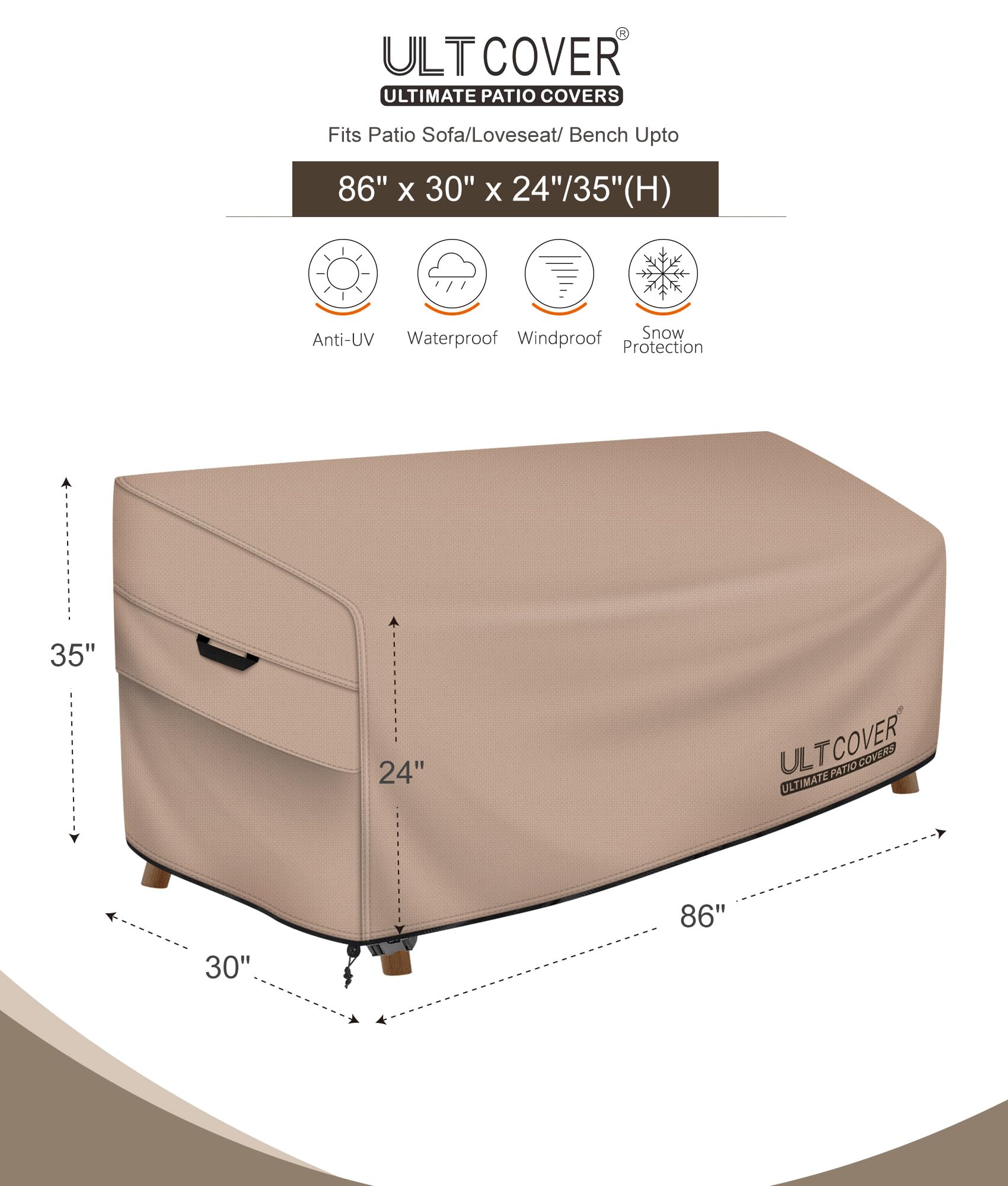ULTCOVER waterproof bench cover shields patio furniture from snow, leaves, and dust