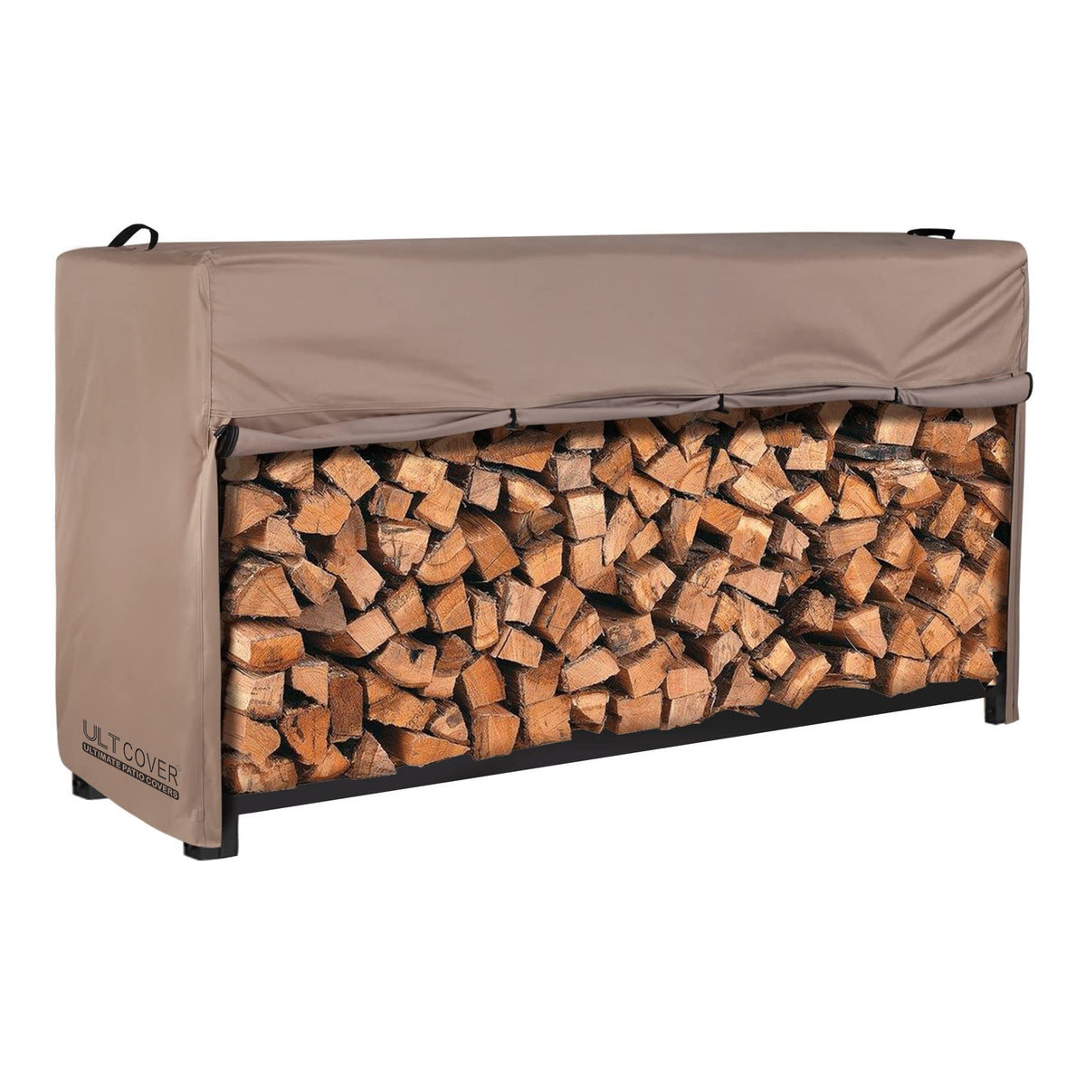 ULTCOVER waterproof 8ft firewood cover protecting racks from rain and debris.