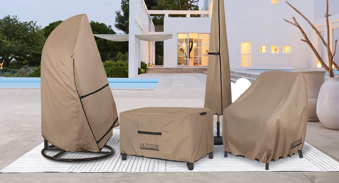 ULTCOVER wind-resistant outdoor cover protects the coffee table in gusty conditions.