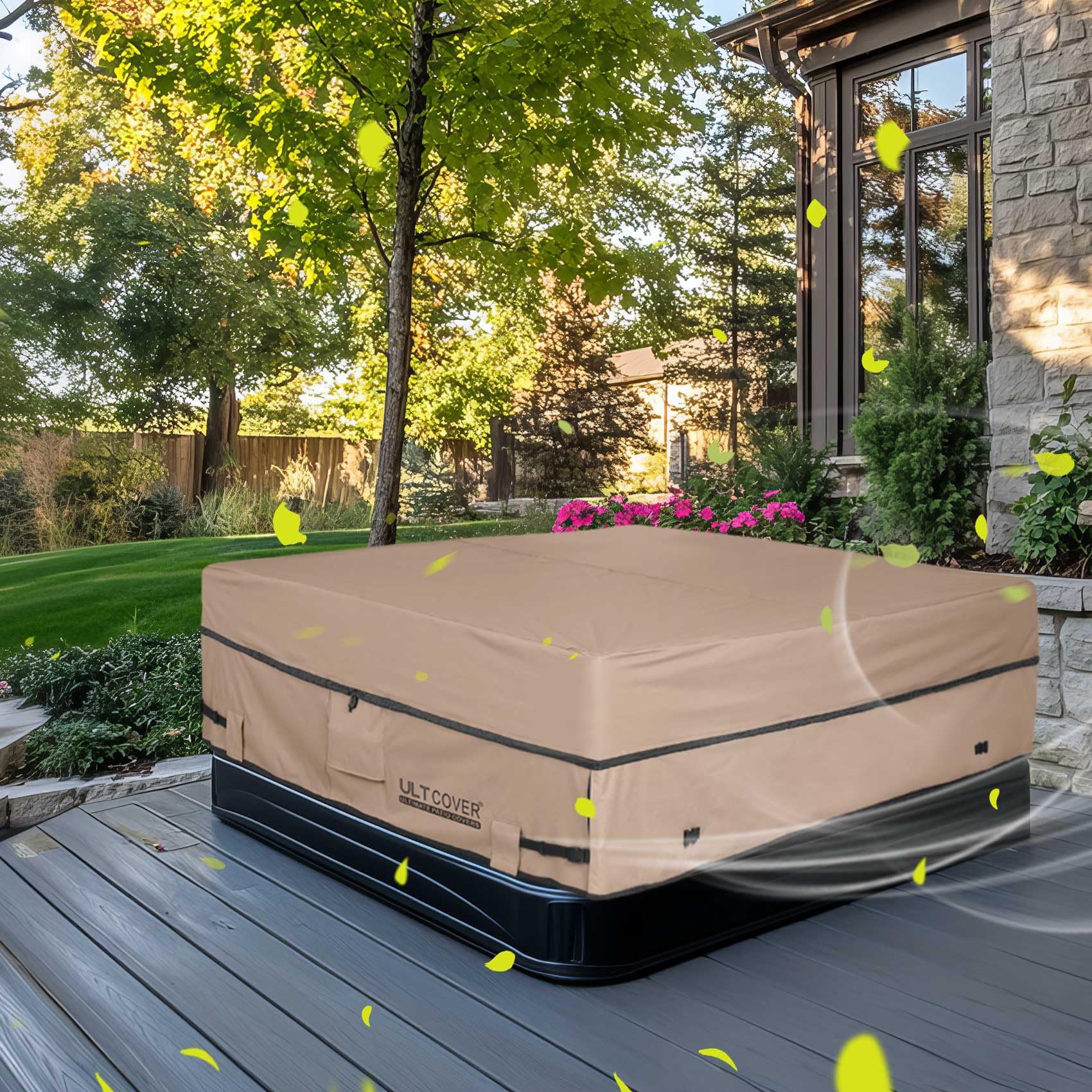 ULTCOVER wind-resistance secure-fit hot tub cover keeps the spa protected.