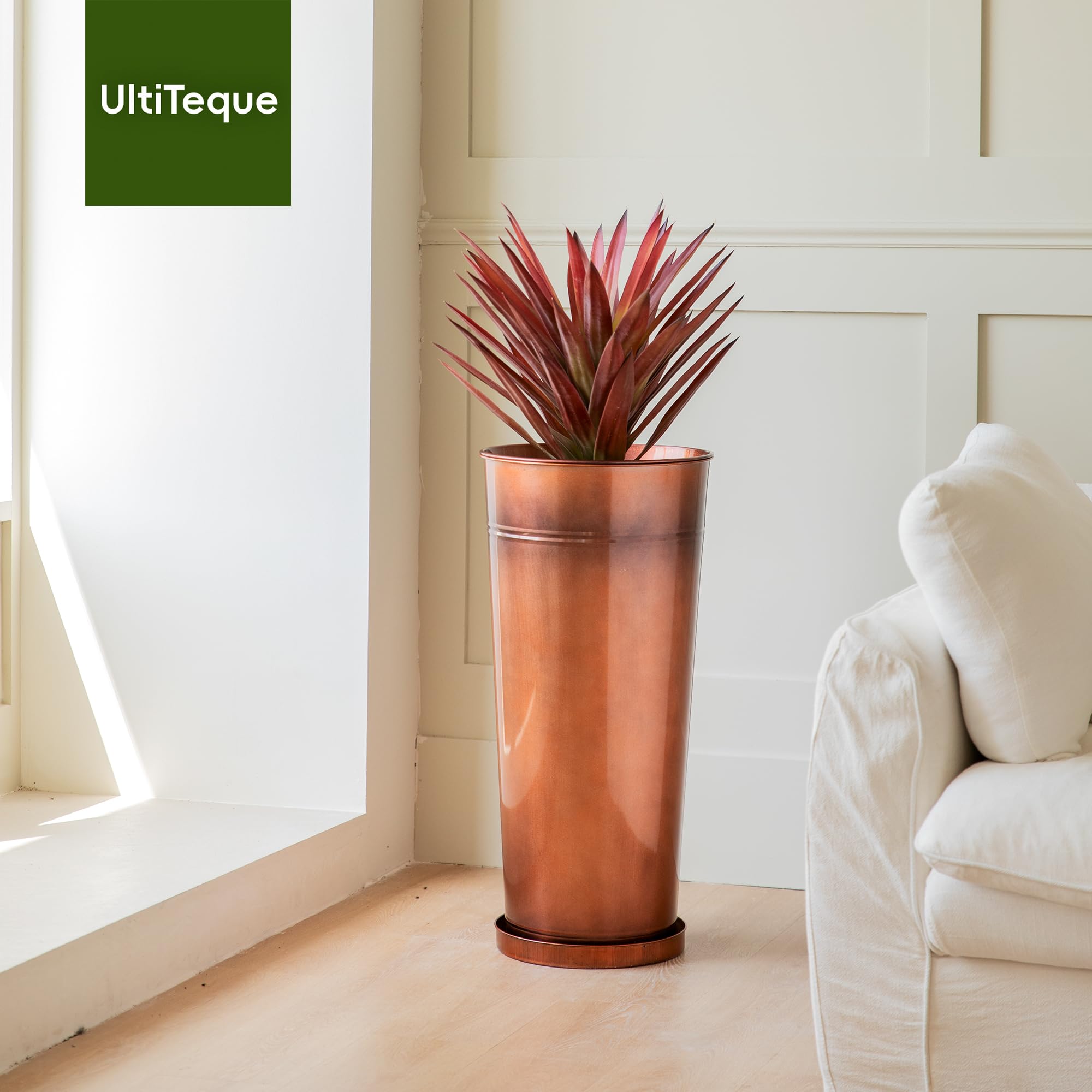 UltiTeque copper planter galvanized finish enhances rustic indoor or porch decor.