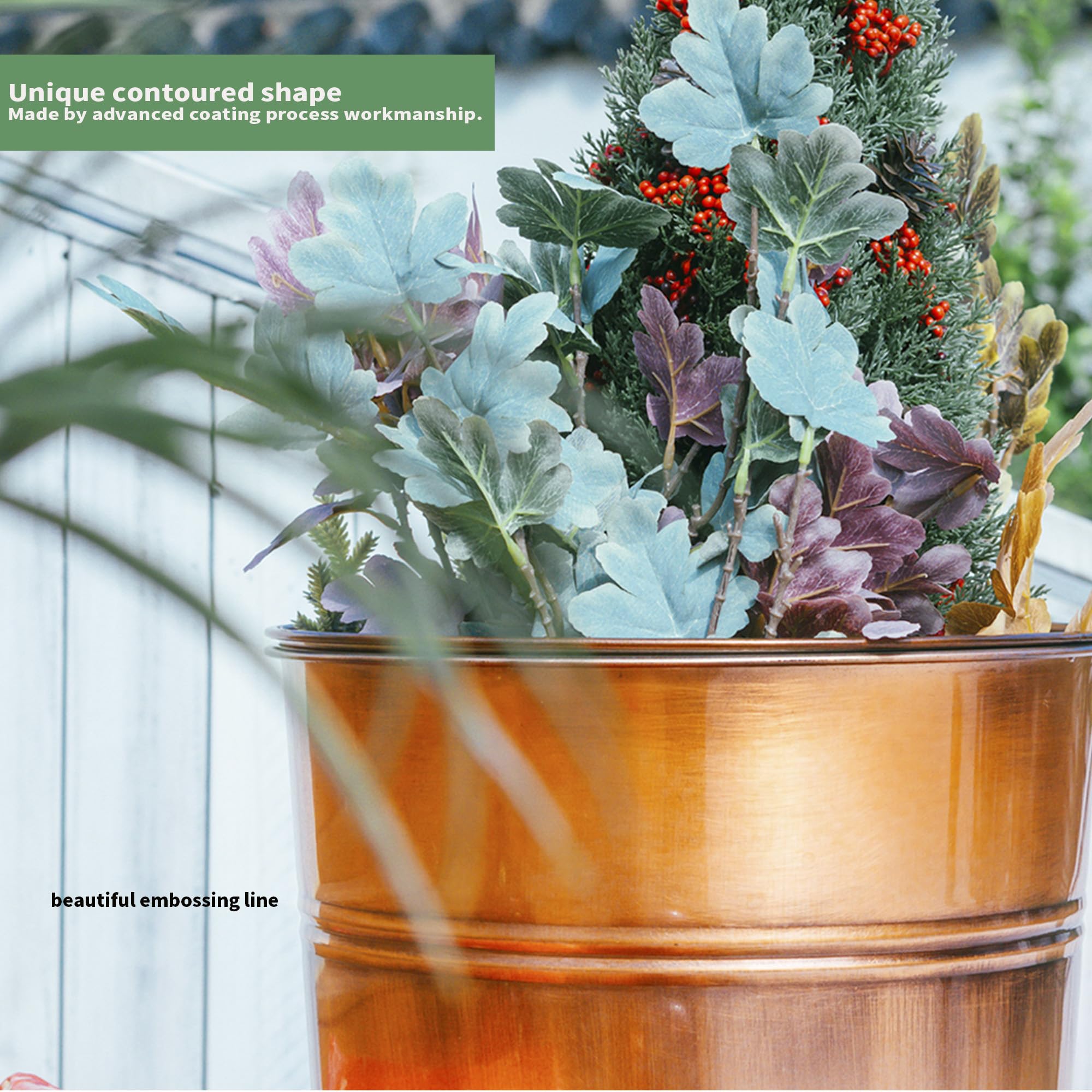UltiTeque copper planter on indoor porch display with tall plant focal point.