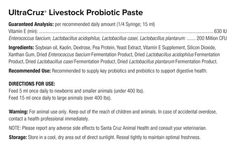 UltraCruz probiotic paste for sheep; supports gut flora balance.