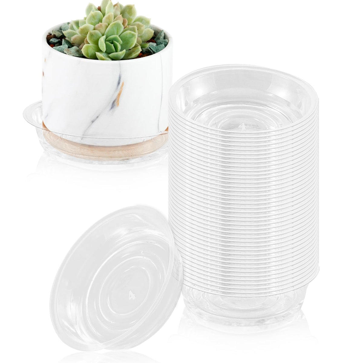 UltraOutlet 4-inch clear plant saucer bulk pack protects floors from water.