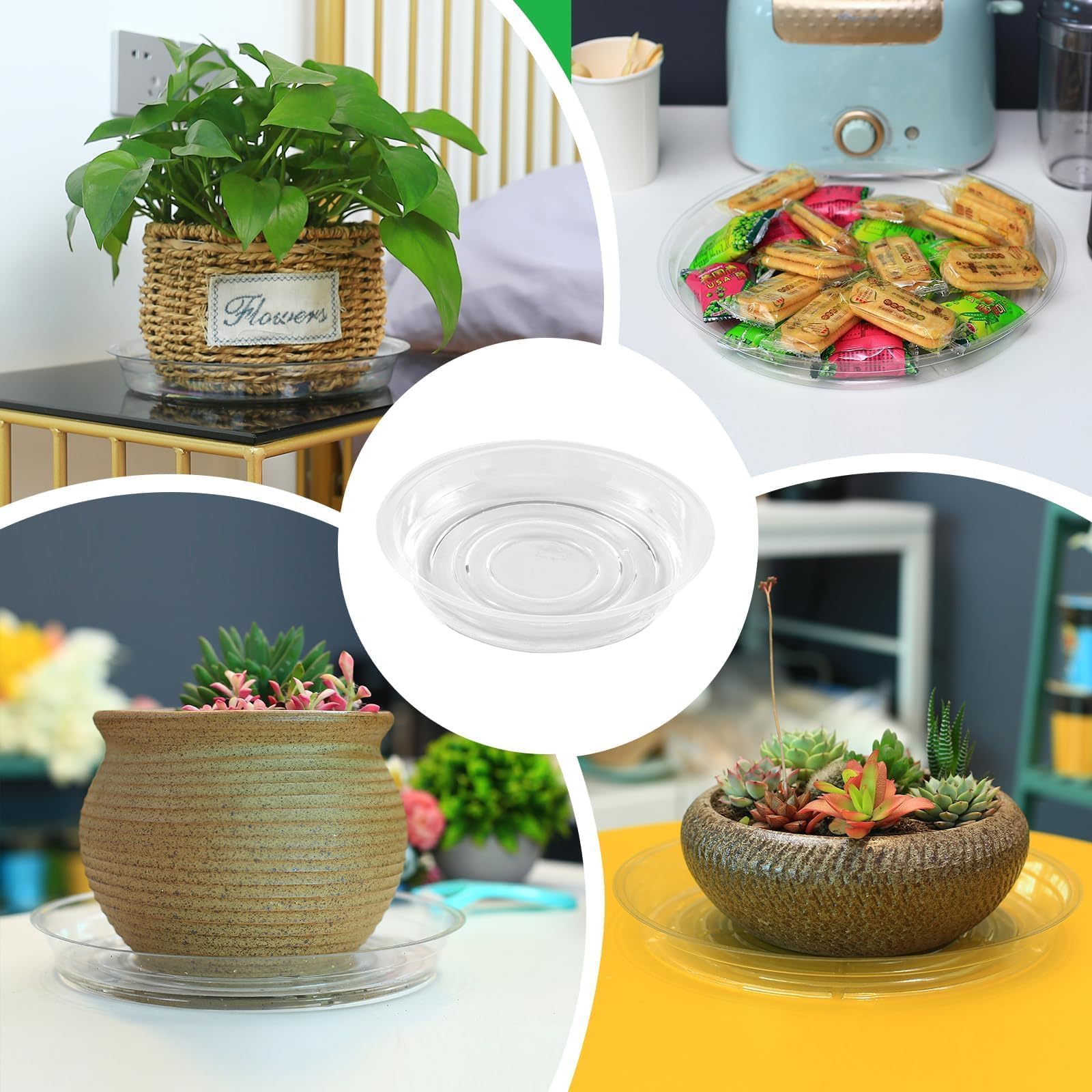 UltraOutlet plant saucer with decorative pebbles demonstrates aesthetic use.