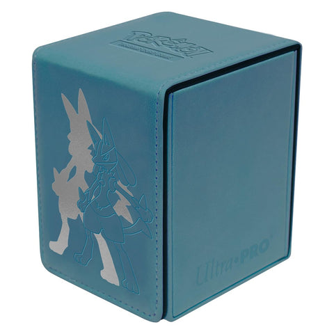 Ultra PRO Alcove Flip Lucario deck box front view with premium leatherette finish for protection.