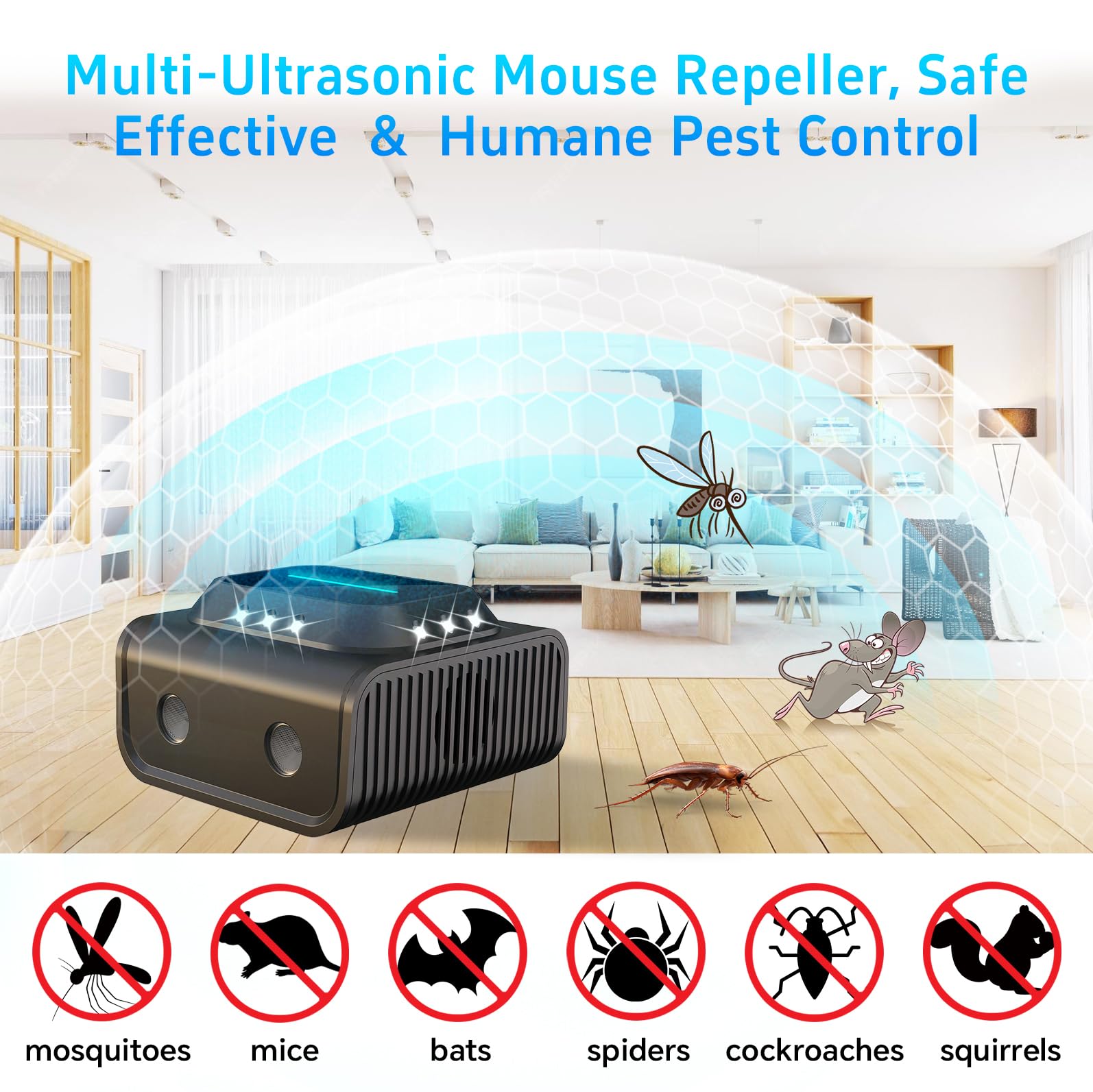 Ultrasonic Repellent dual-chip technology enhances pest disruption.